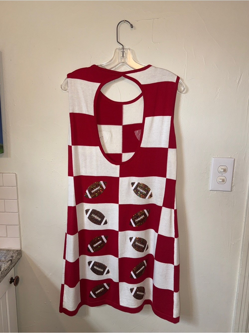 QUEEN OF SPARKLES Red and White Checkerboard Mini Dress with Football Motif - Picture 4 of 5